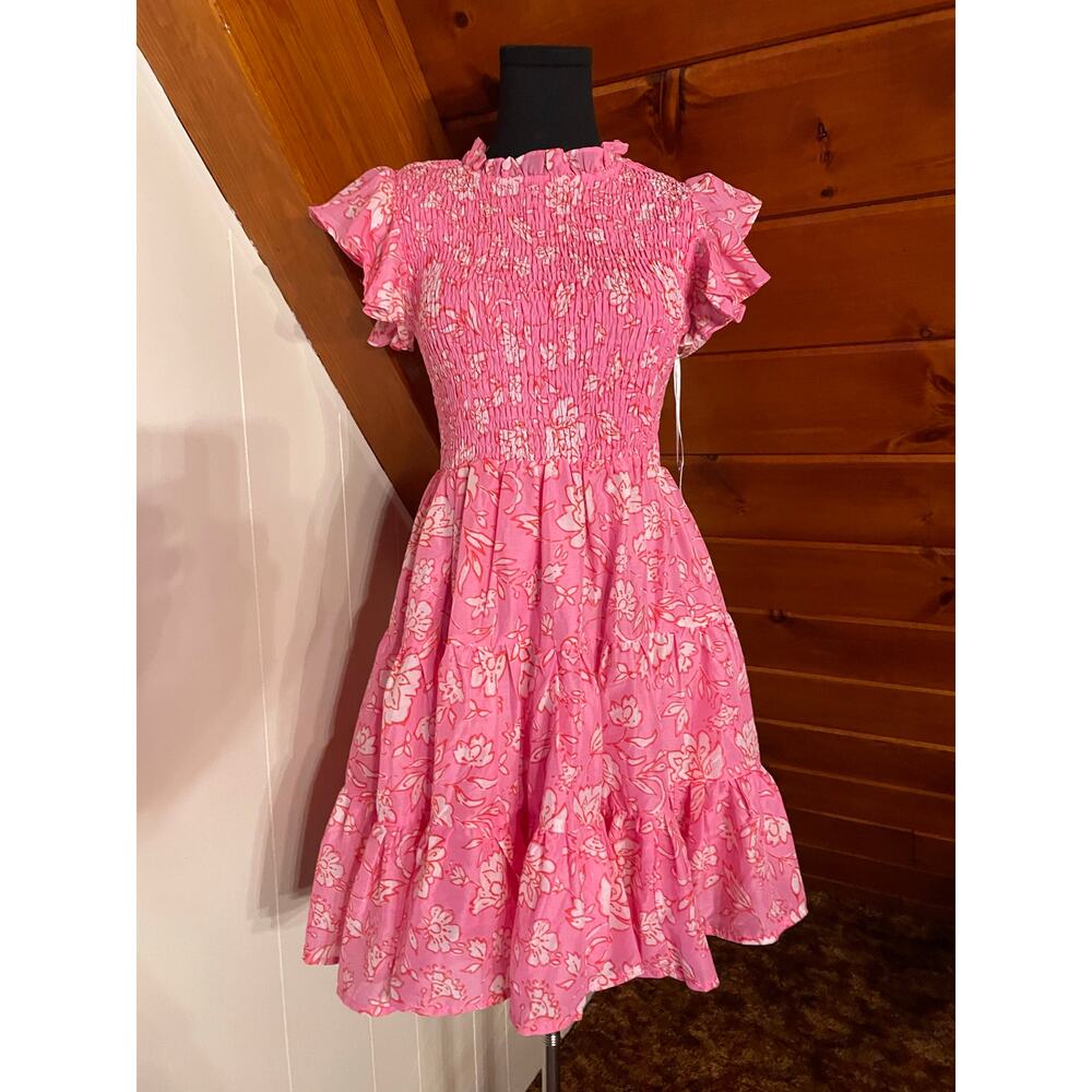 NWT J. Marie Pink Floral Mini Dress Tiered Ruffle Skirt & Flutter Sleeves sz S